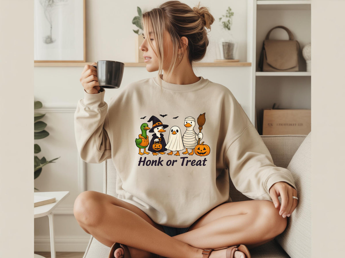 Honk or Treat Duck Halloween Sweatshirt, Funny Ghost Duck T Shirt Crewneck, Witch Pumpkin Costume, Spooky Fall Gift for Duck Lovers Adults