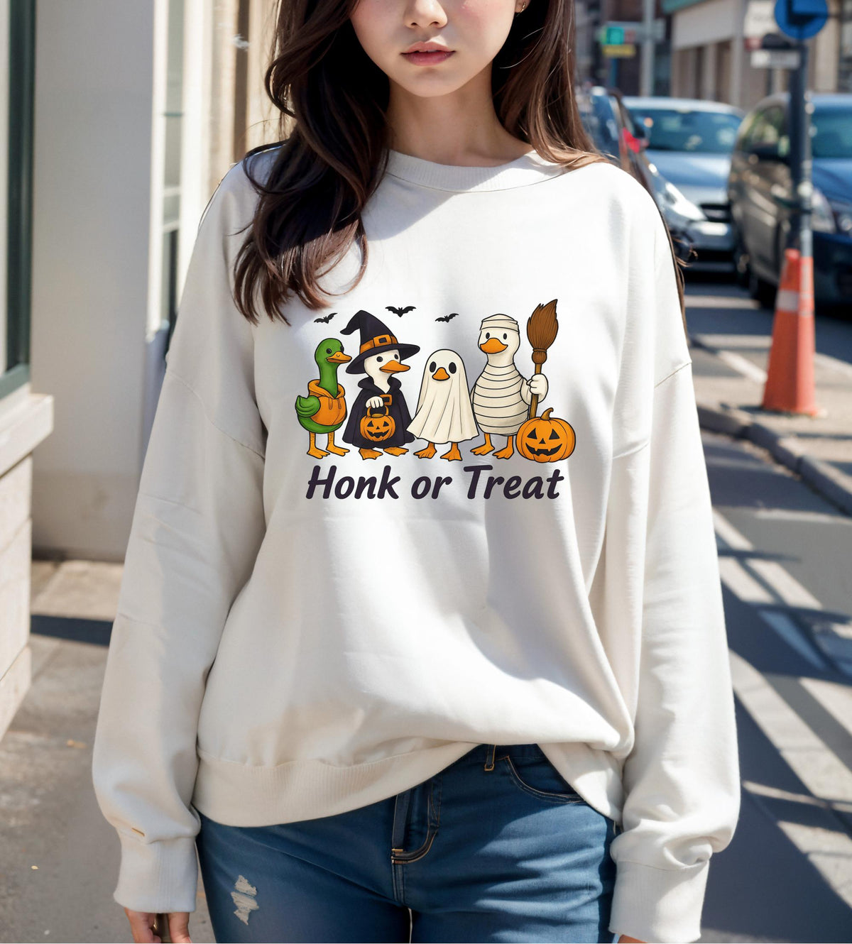 Honk or Treat Duck Halloween Sweatshirt, Funny Ghost Duck T Shirt Crewneck, Witch Pumpkin Costume, Spooky Fall Gift for Duck Lovers Adults