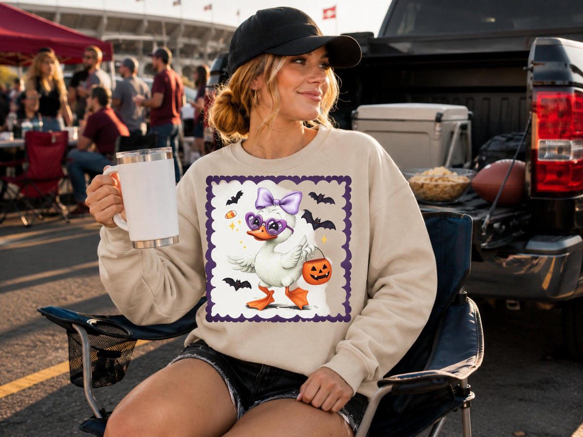 Halloween Duck Sweatshirt, Cute Bat Costume Crewneck, Purple Bow Duckling Shirt, Spooky Trick or Treat Fall Pullover Gift Idea 2025