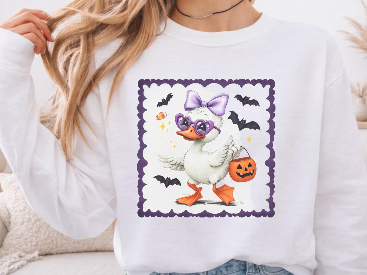 Halloween Duck Sweatshirt, Cute Bat Costume Crewneck, Purple Bow Duckling Shirt, Spooky Trick or Treat Fall Pullover Gift Idea 2025