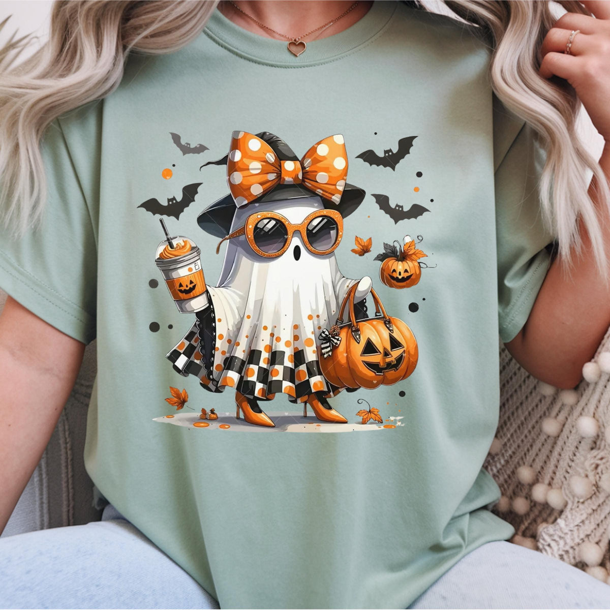 Cute Halloween Ghost Shirt, Pumpkin Spice Coffee Tee, Spooky Bat Shirt, Orange Bow Ghost T-Shirt, Fall Season Graphic Top for Women