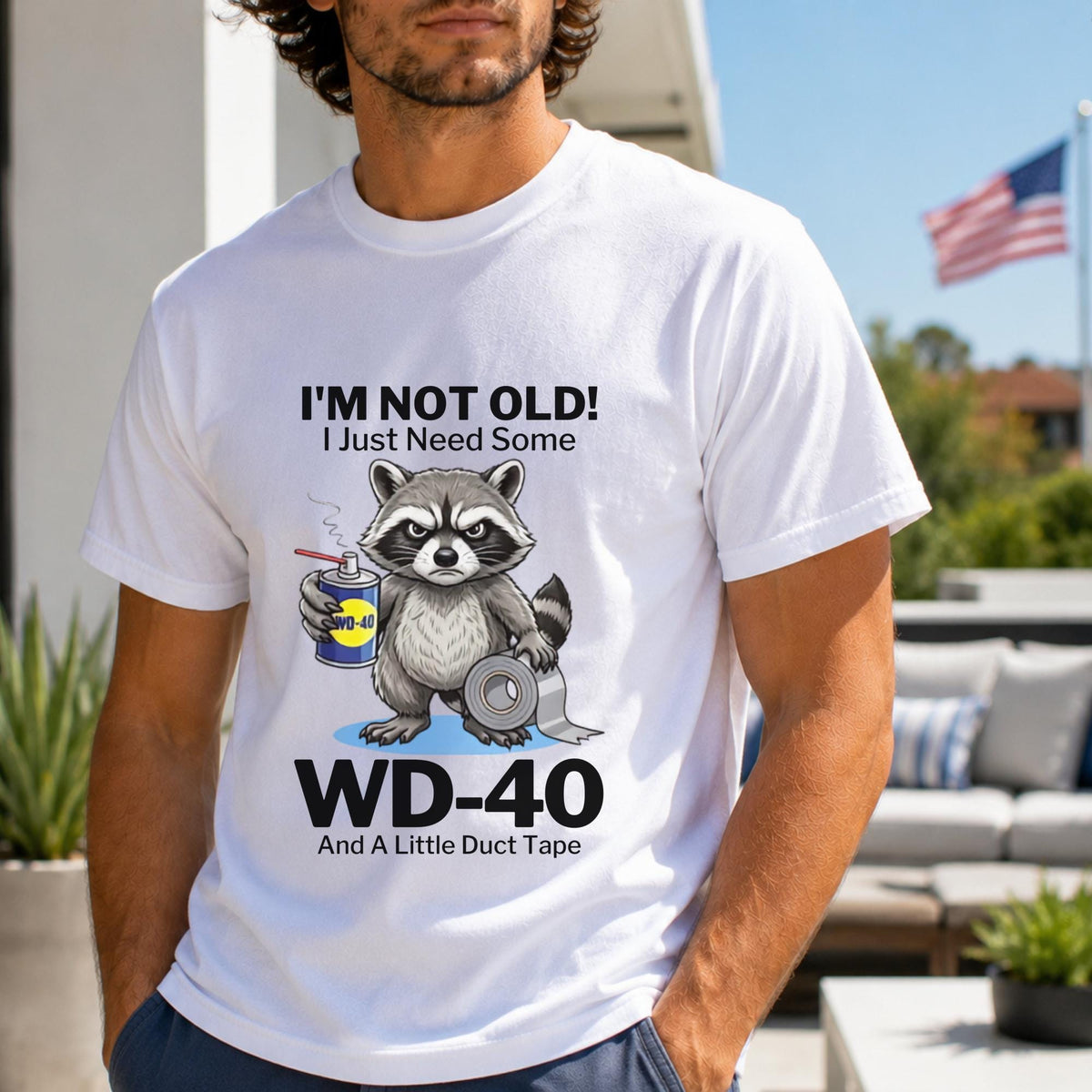 Funny Raccoon T-Shirt, I'm Not Old I Just Need Some WD-40 and Duct Tape, Garage Humor Shirt, Mechanic Gift, Aging Joke Tee for Adults