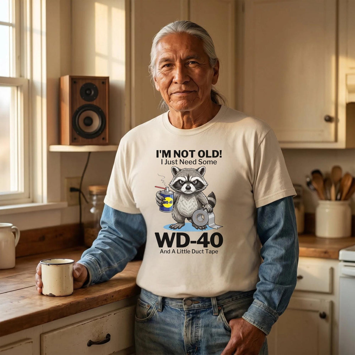 Funny Raccoon T-Shirt, I'm Not Old I Just Need Some WD-40 and Duct Tape, Garage Humor Shirt, Mechanic Gift, Aging Joke Tee for Adults