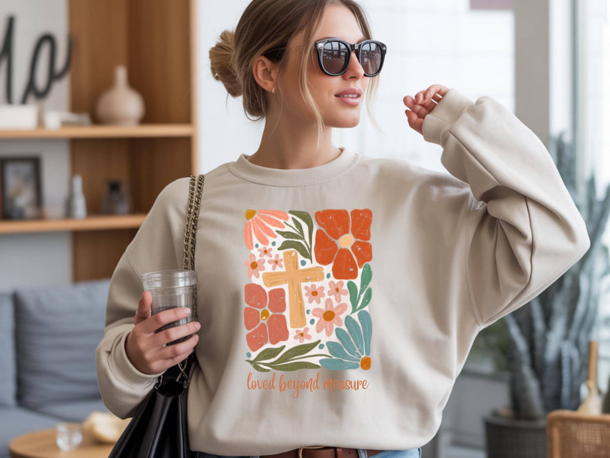 Loved Beyond Measure Sweatshirt, Floral Cross Crewneck, Christian Faith Gift, Inspirational Religious Pullover, Unisex Cozy Top Gift