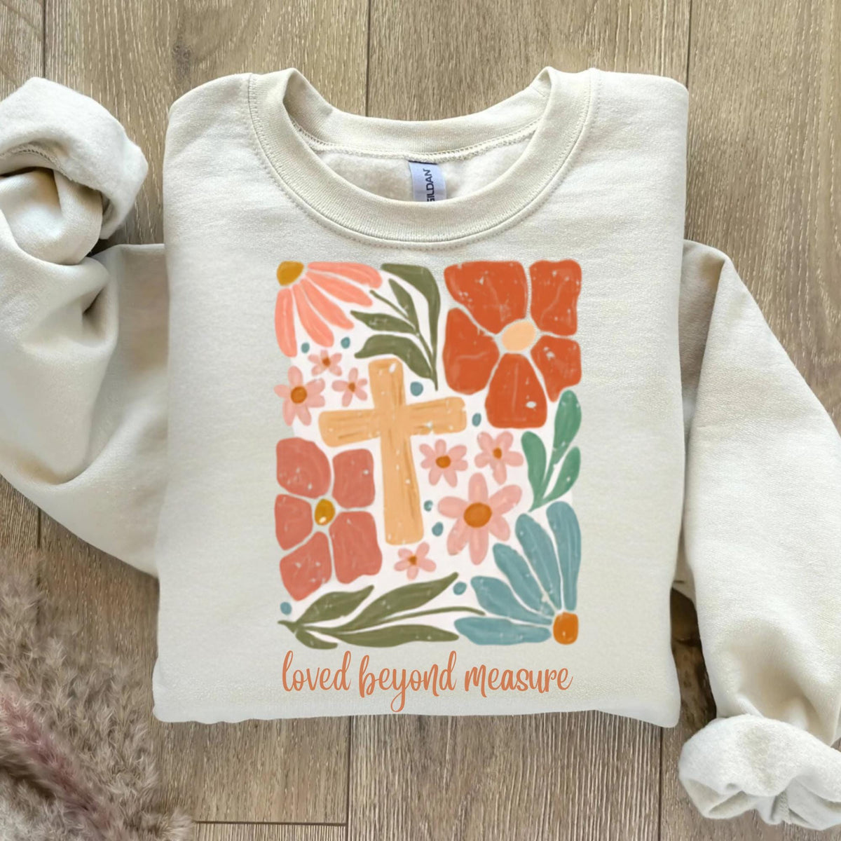 Loved Beyond Measure Sweatshirt, Floral Cross Crewneck, Christian Faith Gift, Inspirational Religious Pullover, Unisex Cozy Top Gift