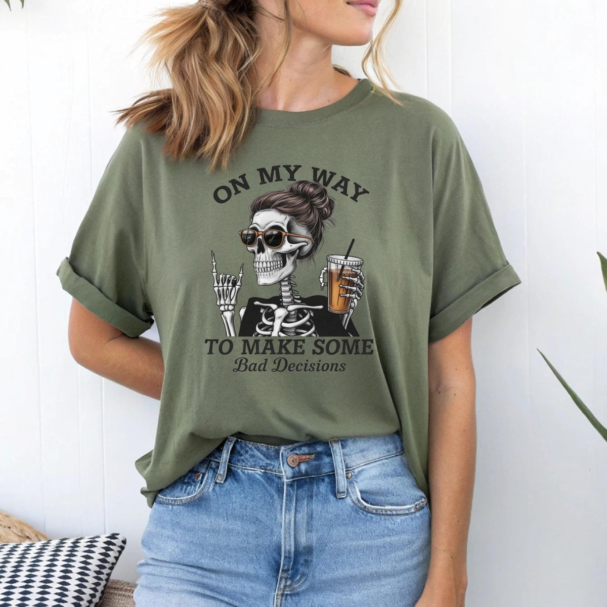 Funny Skeleton Bad Decisions Shirt, On My Way Graphic Tee, Sarcastic Skull Shirt, Alternative Halloween Gift, Unisex Heavy Cotton Tee
