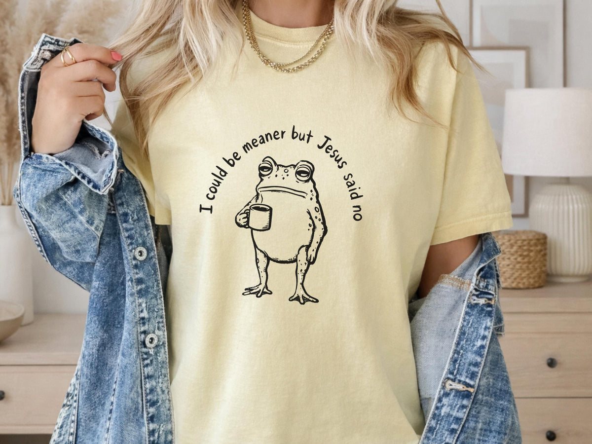 Funny Christian Frog Sweatshirt, I Could Be Meaner But Jesus Said No, Cute Faith Humor Crewneck, Religious Gift for Christian Women and Men