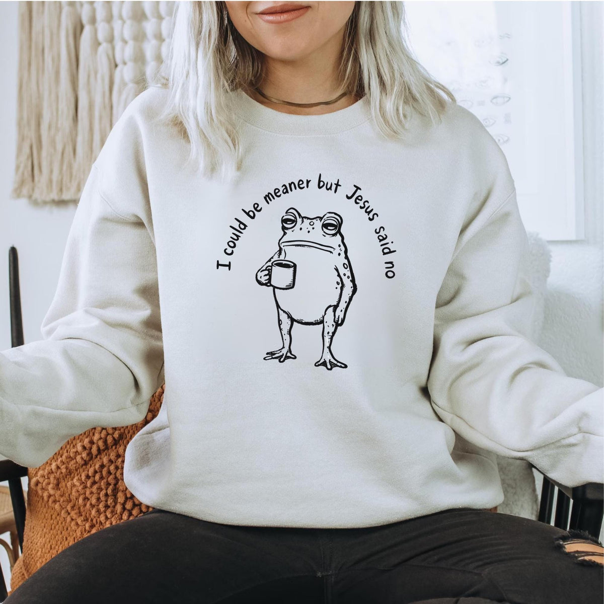 Funny Christian Frog Sweatshirt, I Could Be Meaner But Jesus Said No, Cute Faith Humor Crewneck, Religious Gift for Christian Women and Men