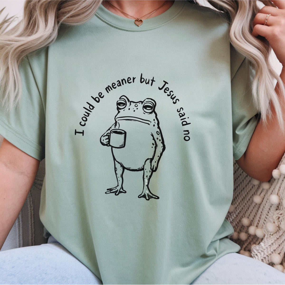 Funny Christian Frog Sweatshirt, I Could Be Meaner But Jesus Said No, Cute Faith Humor Crewneck, Religious Gift for Christian Women and Men