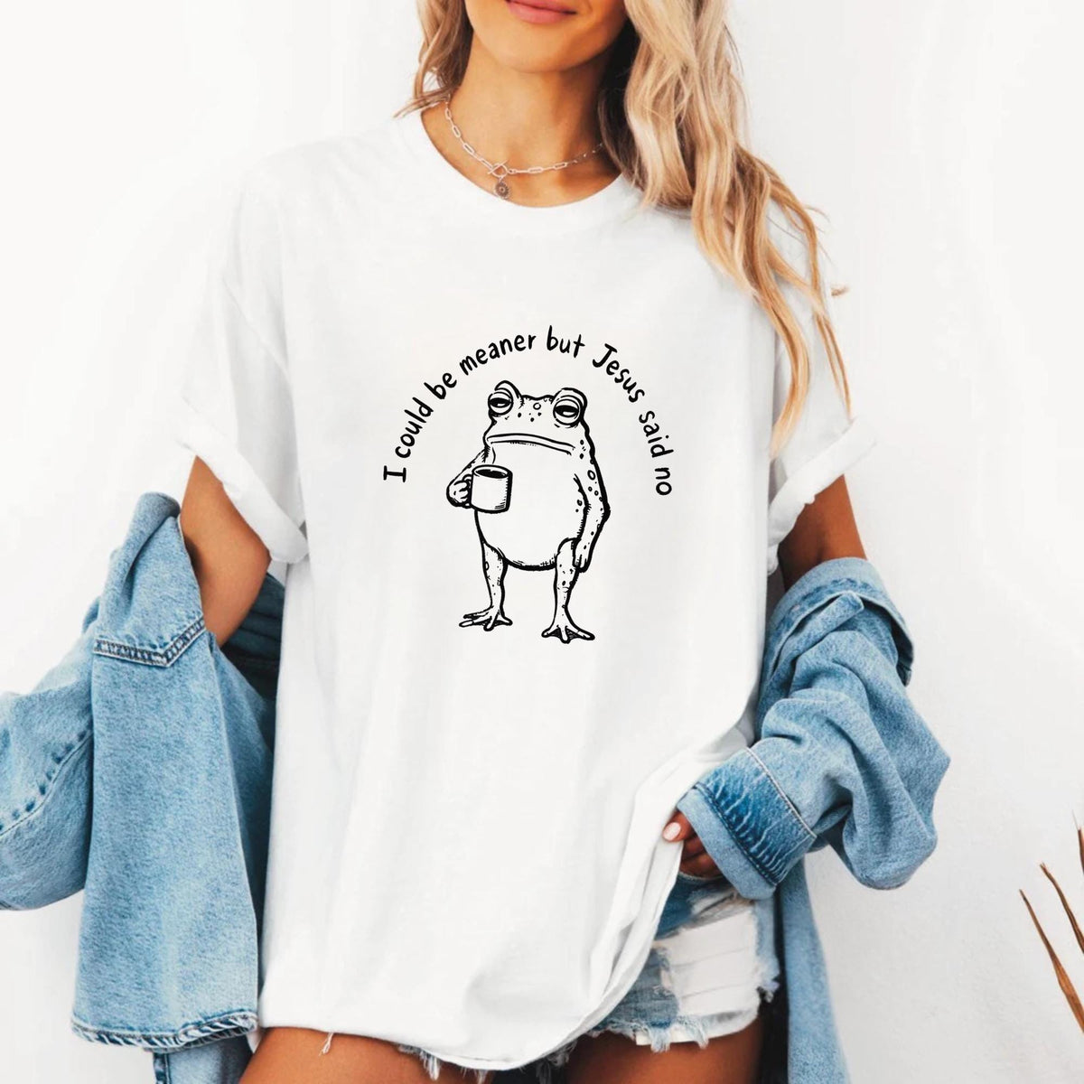 Funny Christian Frog Sweatshirt, I Could Be Meaner But Jesus Said No, Cute Faith Humor Crewneck, Religious Gift for Christian Women and Men