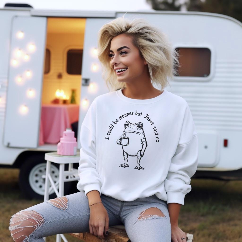 Funny Christian Frog Sweatshirt, I Could Be Meaner But Jesus Said No, Cute Faith Humor Crewneck, Religious Gift for Christian Women and Men