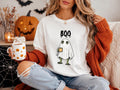 Boo Ghost Halloween Shirt, Cute Spooky Coffee Ghost Tee, Funny Halloween Graphic T-Shirt, Unisex Garment-Dyed Ghost Shirt Gift for Her