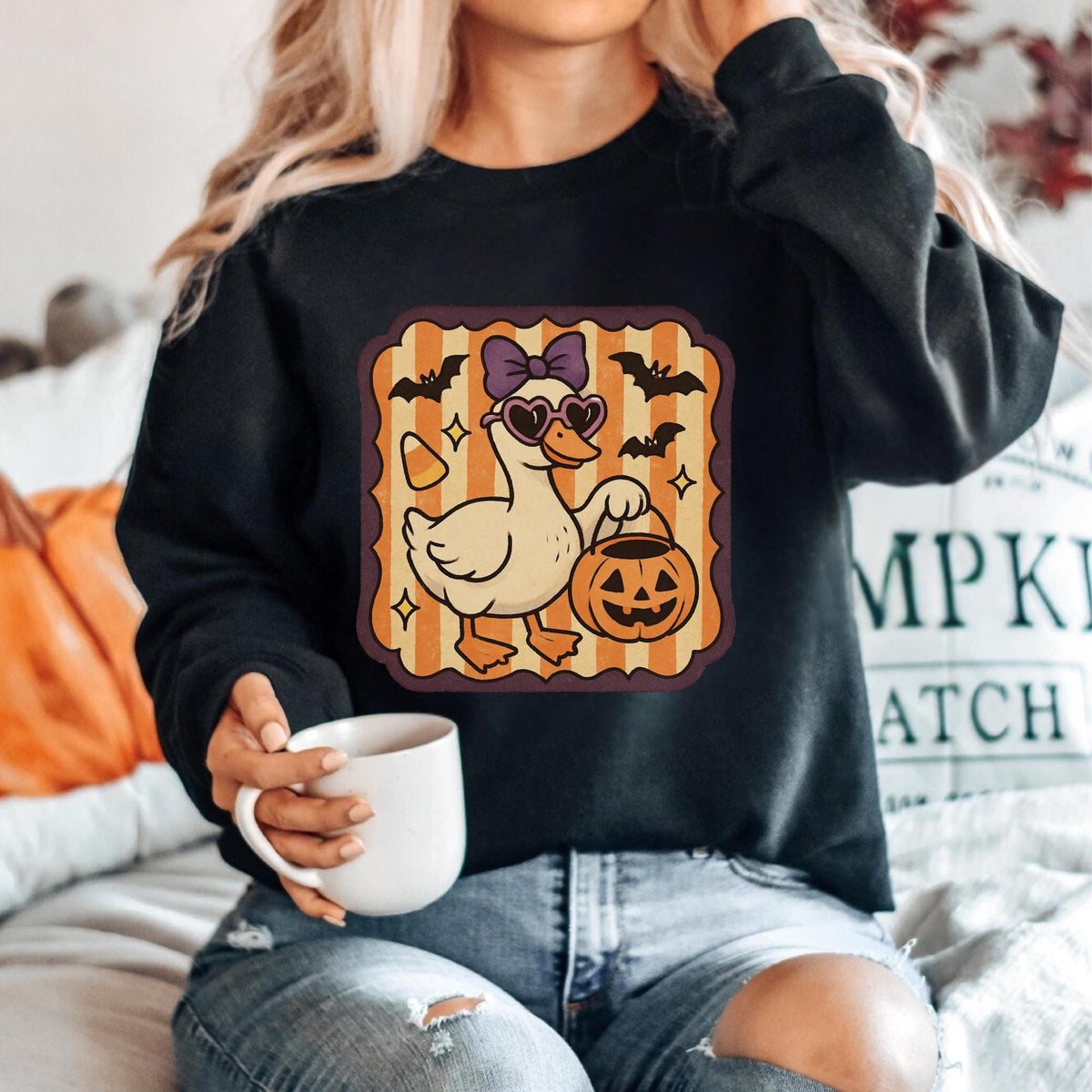 Halloween Duck Sweatshirt, Spooky Pumpkin T Shirt, Bat and Bow Duck Pullover Hoodie, Cute Autumn Halloween Gift for Duck Lovers and Fans