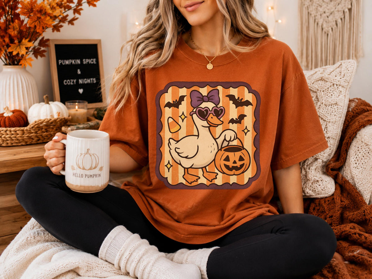 Halloween Duck Sweatshirt, Spooky Pumpkin T Shirt, Bat and Bow Duck Pullover Hoodie, Cute Autumn Halloween Gift for Duck Lovers and Fans