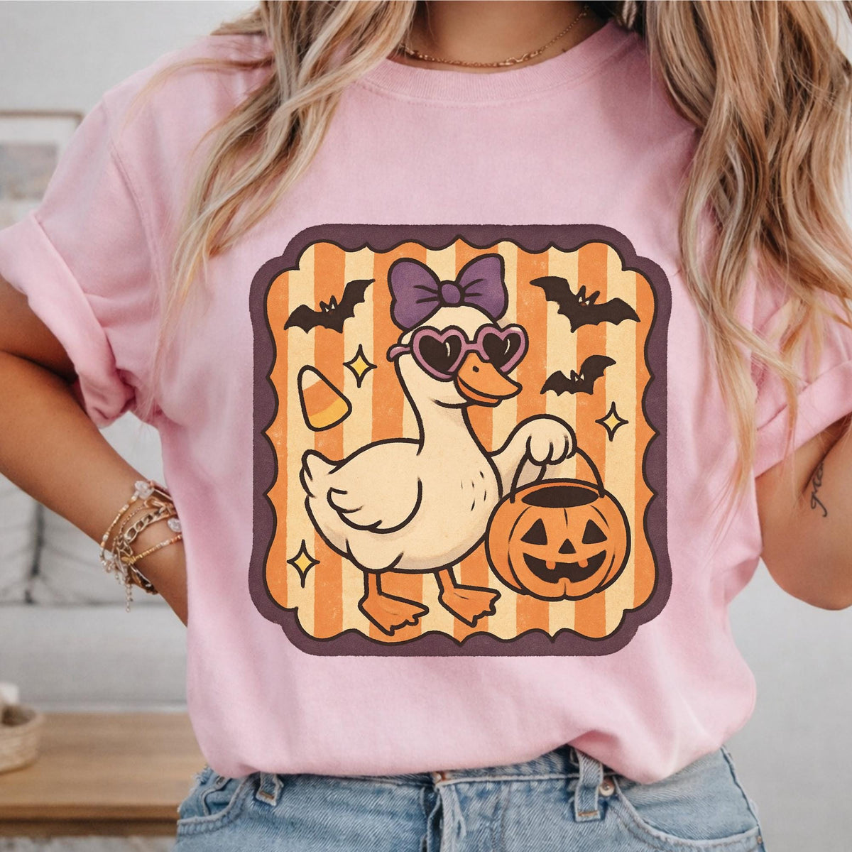 Halloween Duck Sweatshirt, Spooky Pumpkin T Shirt, Bat and Bow Duck Pullover Hoodie, Cute Autumn Halloween Gift for Duck Lovers and Fans