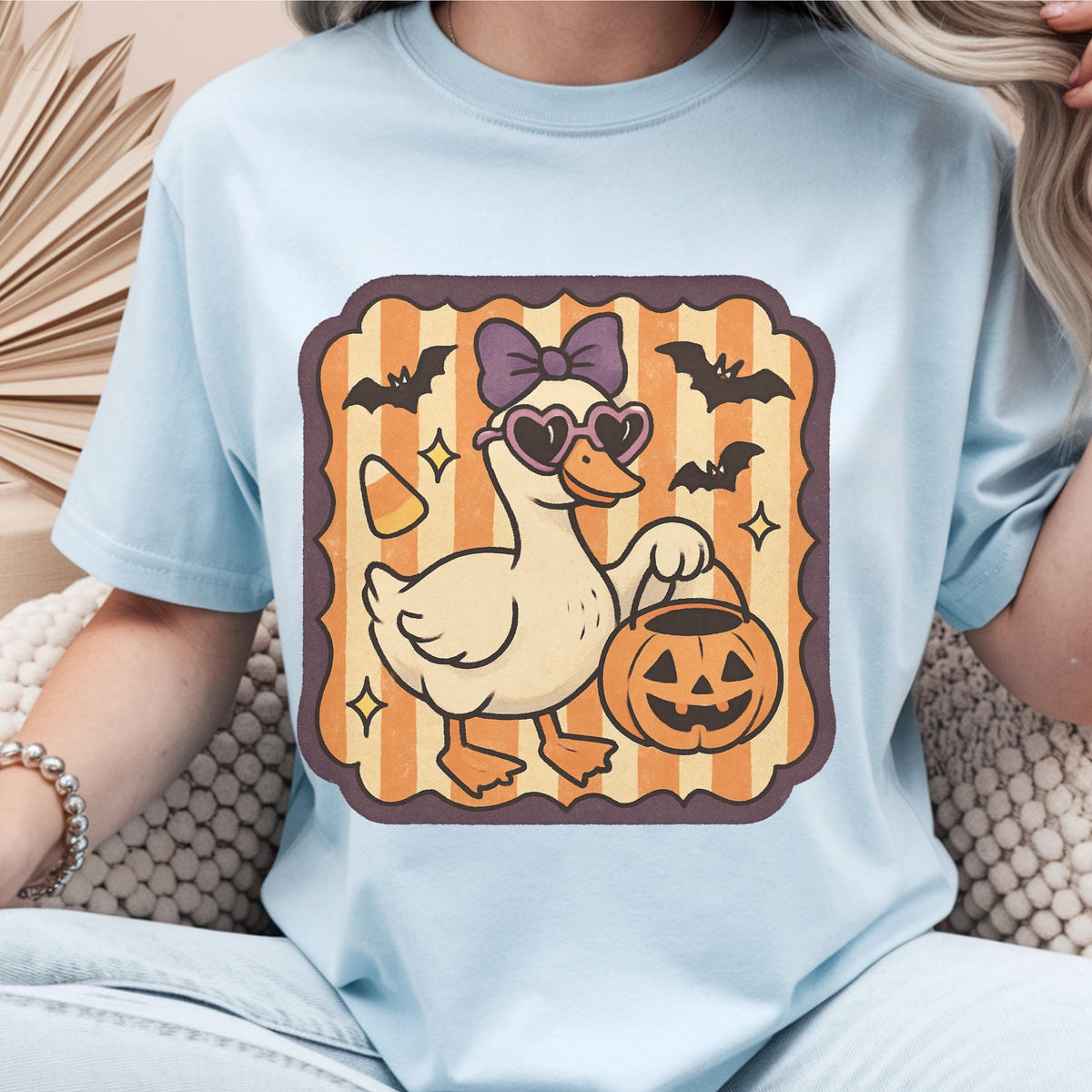 Halloween Duck Sweatshirt, Spooky Pumpkin T Shirt, Bat and Bow Duck Pullover Hoodie, Cute Autumn Halloween Gift for Duck Lovers and Fans