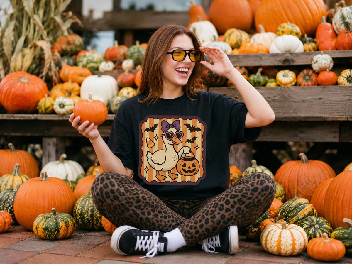 Halloween Duck Sweatshirt, Spooky Pumpkin T Shirt, Bat and Bow Duck Pullover Hoodie, Cute Autumn Halloween Gift for Duck Lovers and Fans