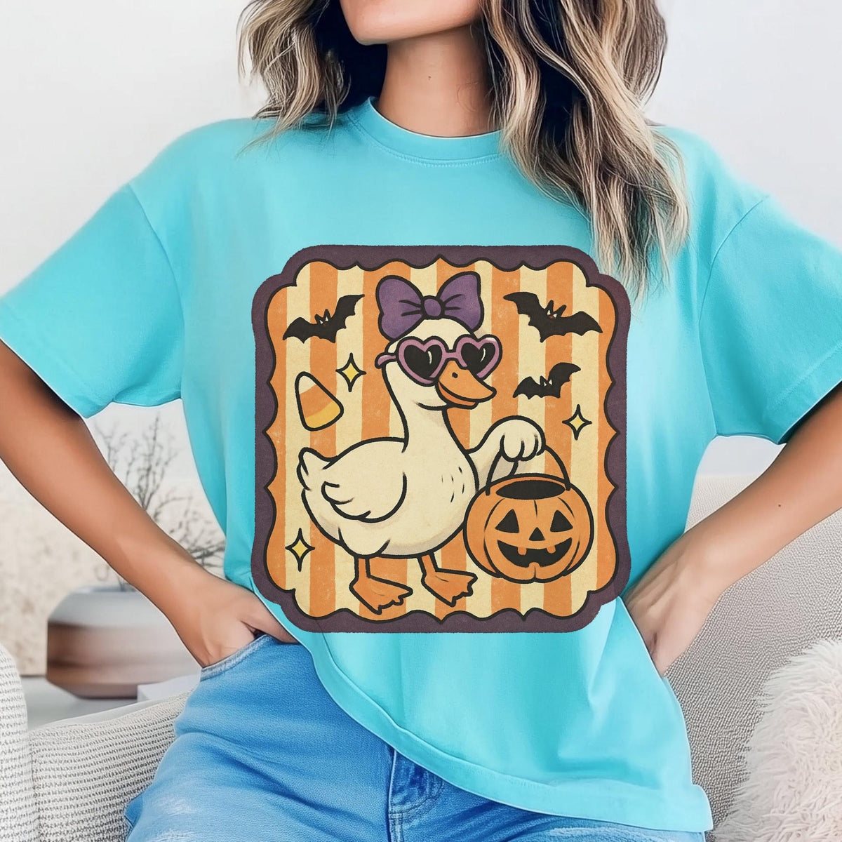 Halloween Duck Sweatshirt, Spooky Pumpkin T Shirt, Bat and Bow Duck Pullover Hoodie, Cute Autumn Halloween Gift for Duck Lovers and Fans