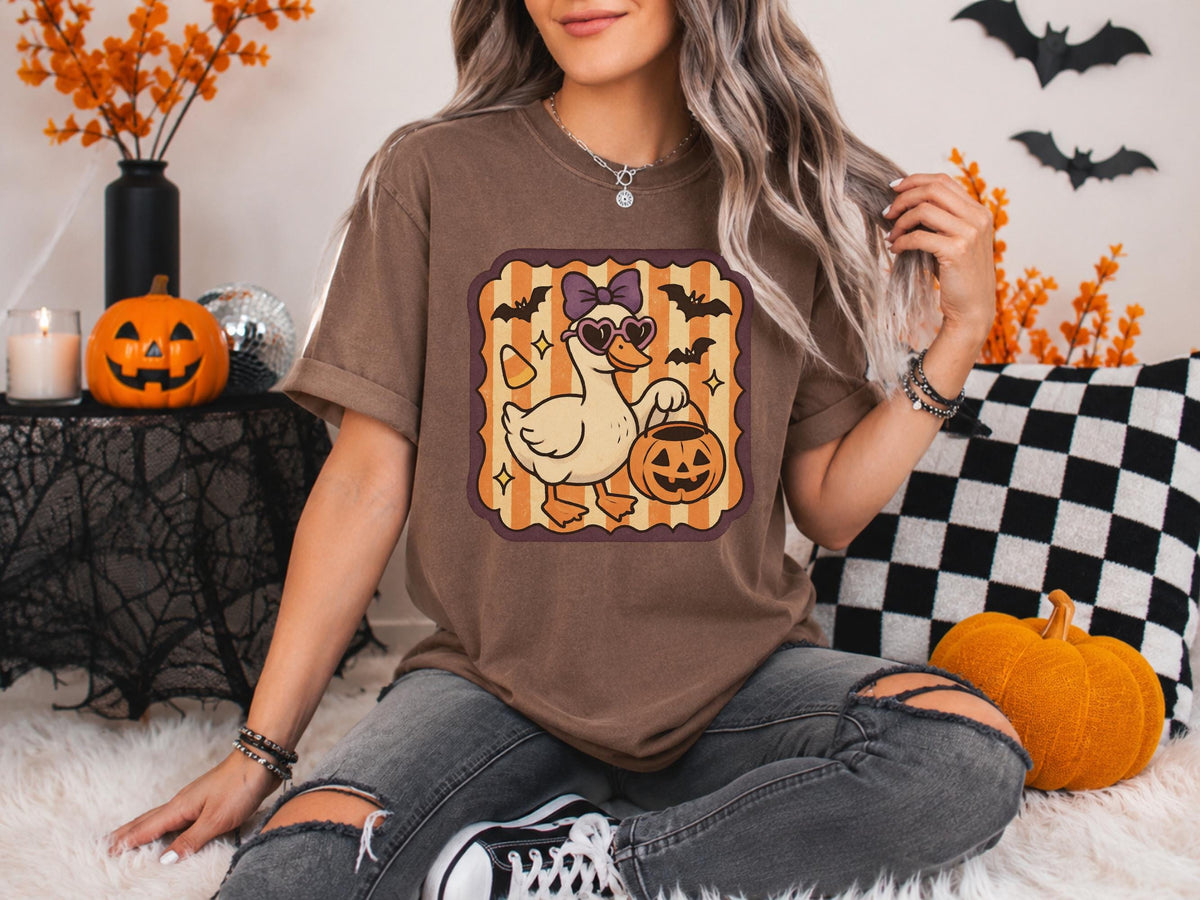 Halloween Duck Sweatshirt, Spooky Pumpkin T Shirt, Bat and Bow Duck Pullover Hoodie, Cute Autumn Halloween Gift for Duck Lovers and Fans
