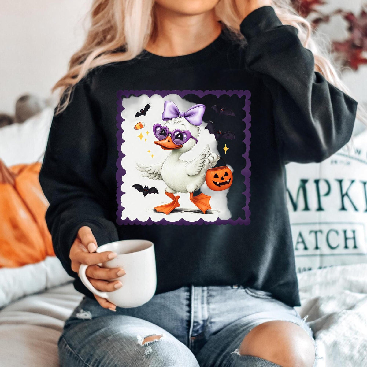 Halloween Duck Sweatshirt, Cute Bat Costume Crewneck, Purple Bow Duckling Shirt, Spooky Trick or Treat Fall Pullover Gift Idea 2025
