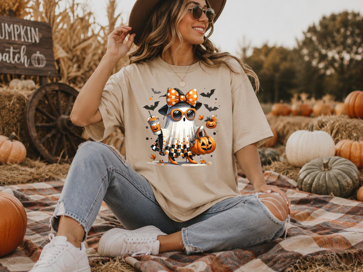 Cute Halloween Ghost Shirt, Pumpkin Spice Coffee Tee, Spooky Bat Shirt, Orange Bow Ghost T-Shirt, Fall Season Graphic Top for Women