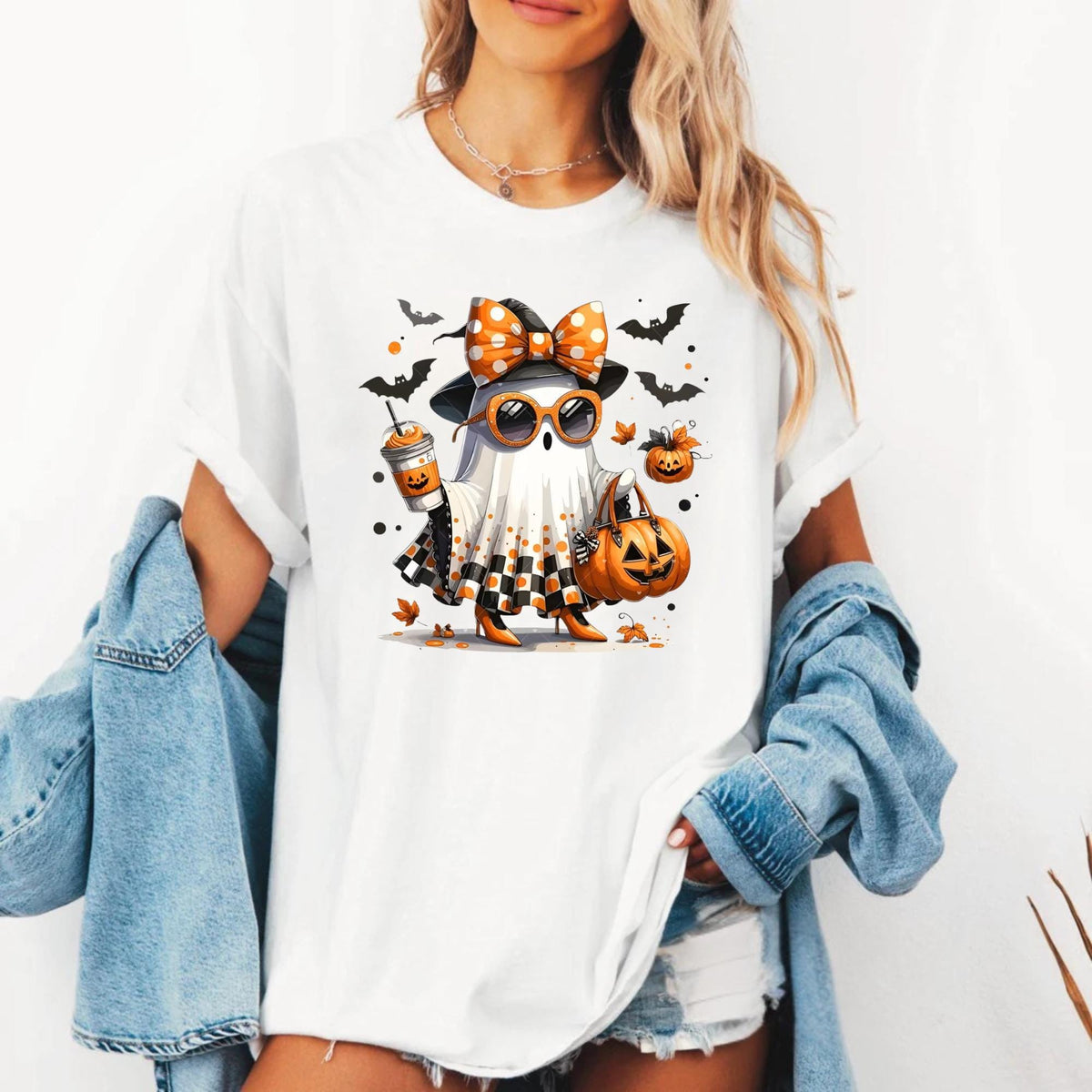Cute Halloween Ghost Shirt, Pumpkin Spice Coffee Tee, Spooky Bat Shirt, Orange Bow Ghost T-Shirt, Fall Season Graphic Top for Women