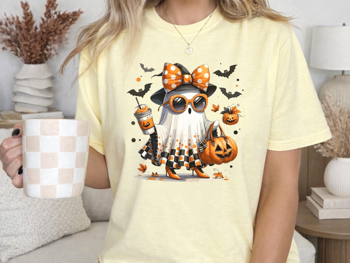 Cute Halloween Ghost Shirt, Pumpkin Spice Coffee Tee, Spooky Bat Shirt, Orange Bow Ghost T-Shirt, Fall Season Graphic Top for Women