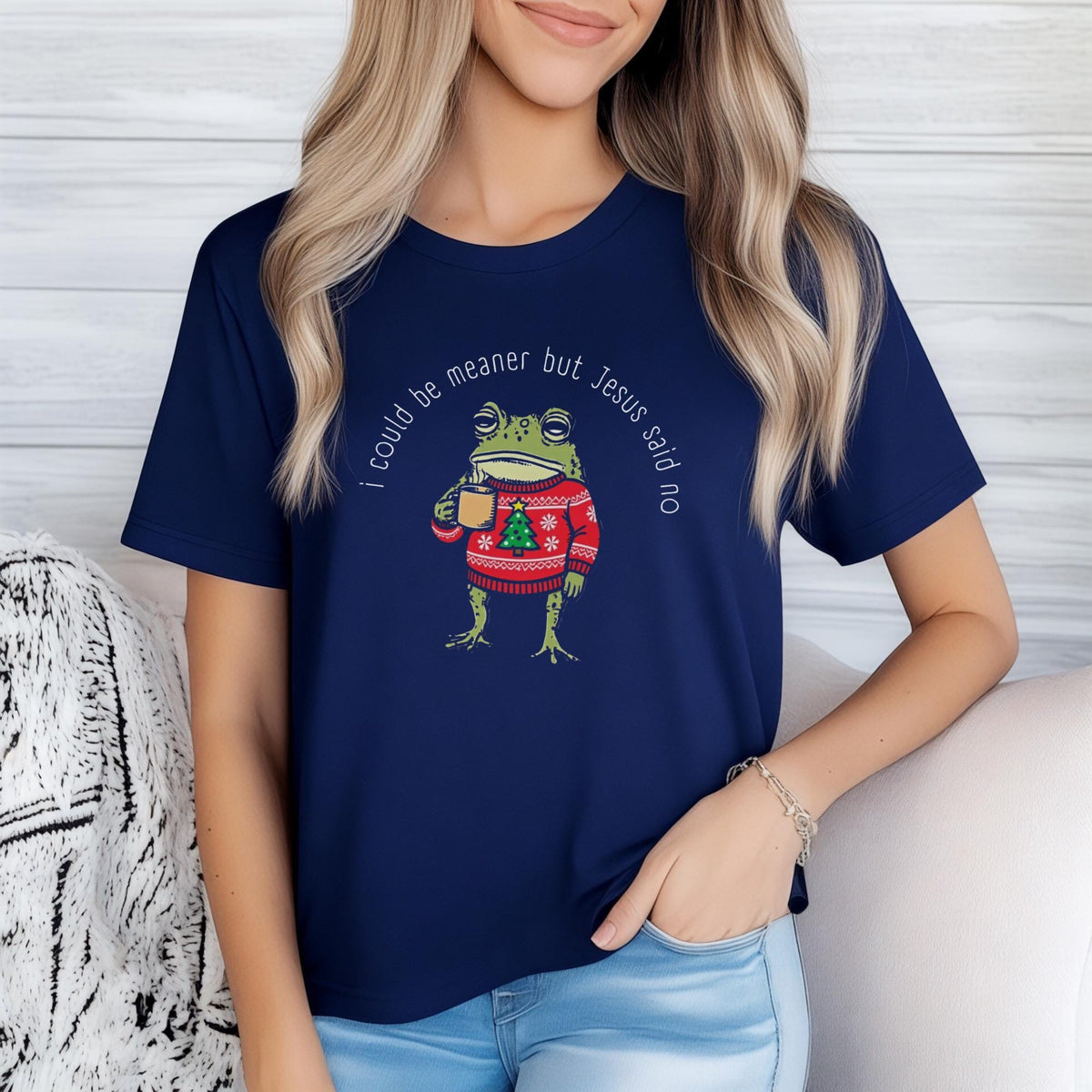 Funny Christmas Frog Shirt, I Could Be Meaner But Jesus Said Vintage Holiday Tee, Christian Christmas Gift, Cozy Unisex Graphic Top