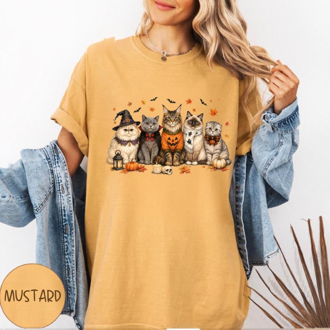 Halloween Cat Shirt, Witchy Cat T-Shirt, Spooky Kitty Graphic Tee, Autumn Cat Lover Gift, Cute Vintage Halloween Outfit for Women Men
