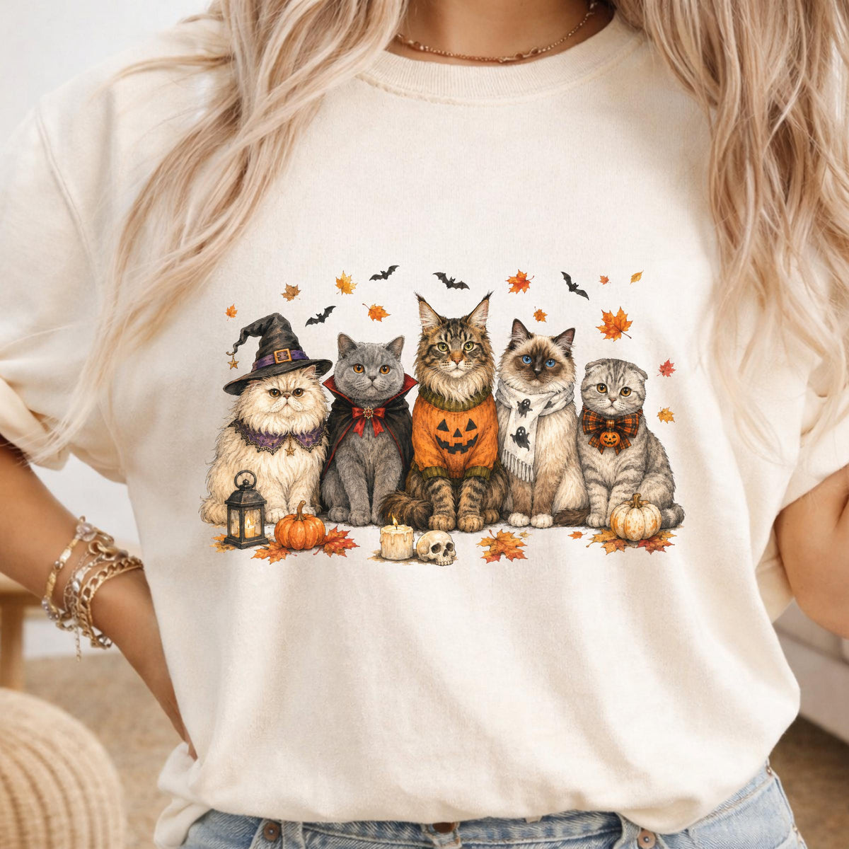 Halloween Cat Shirt, Witchy Cat T-Shirt, Spooky Kitty Graphic Tee, Autumn Cat Lover Gift, Cute Vintage Halloween Outfit for Women Men