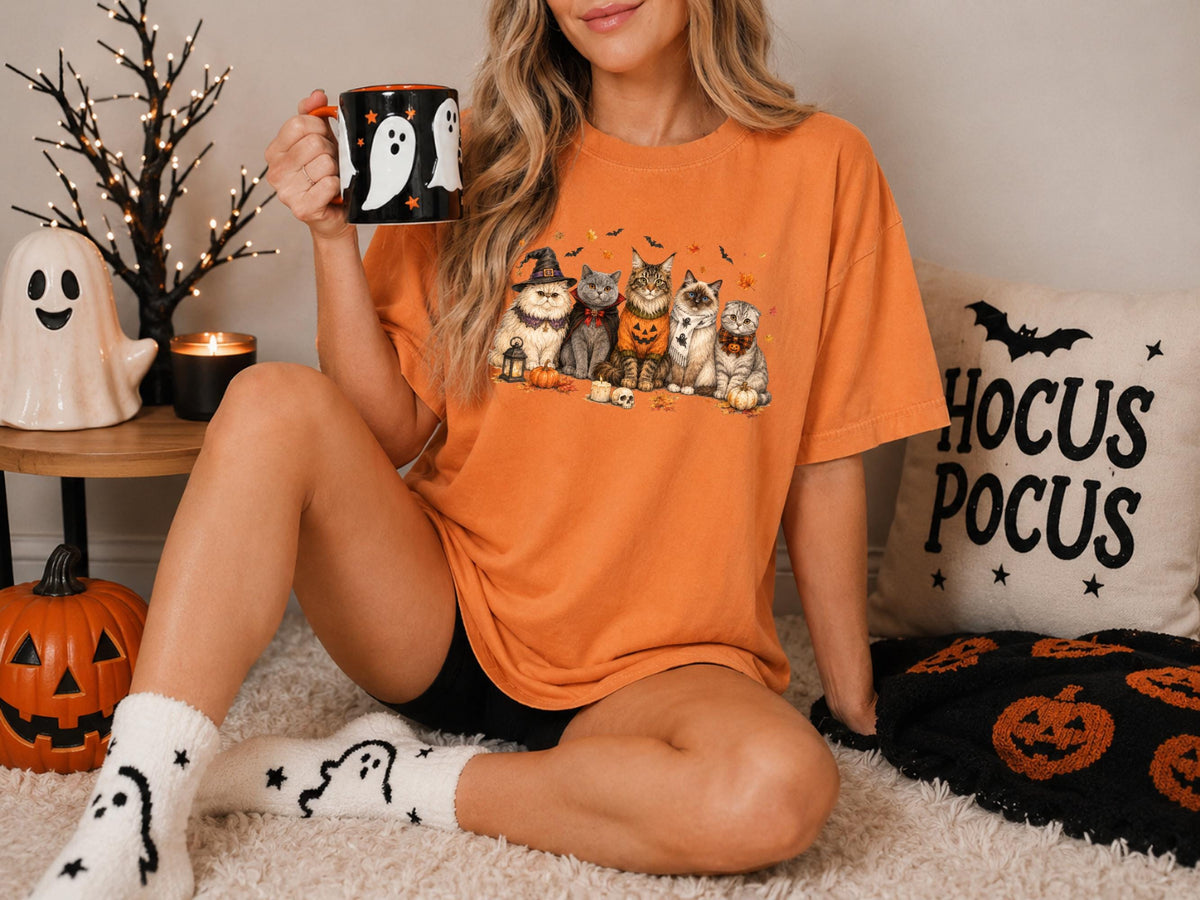 Halloween Cat Shirt, Witchy Cat T-Shirt, Spooky Kitty Graphic Tee, Autumn Cat Lover Gift, Cute Vintage Halloween Outfit for Women Men