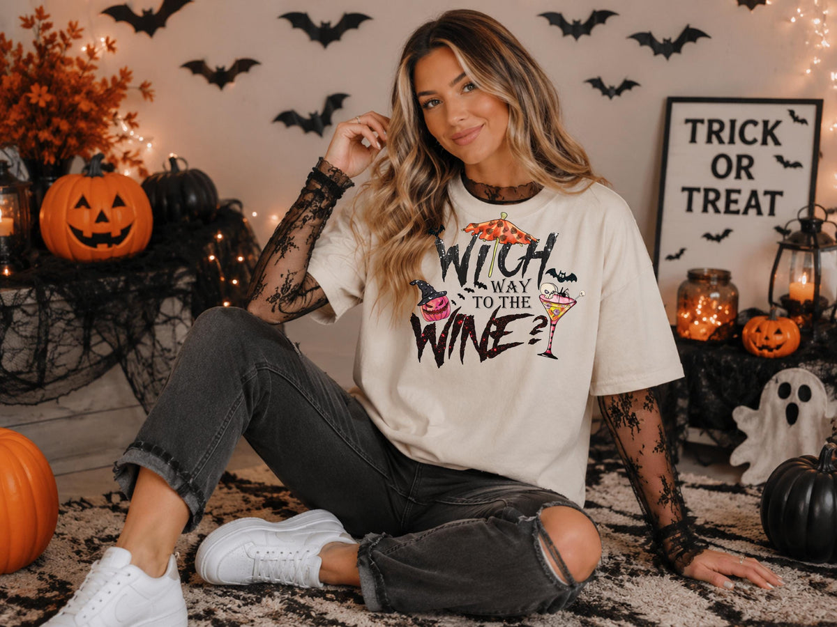 Witch Way to the Wine Sweatshirt, Halloween Witchy Crewneck, Spooky Pumpkin Martini Shirt, Gothic Autumn Party Gift for Wine Lovers