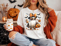 Halloween Ghost Sweatshirt, Spooky Fashion Ghost in Pumpkin Hat, Orange Polka Dot Bow, Jack O Lantern Bag and Sunglasses Design Gift