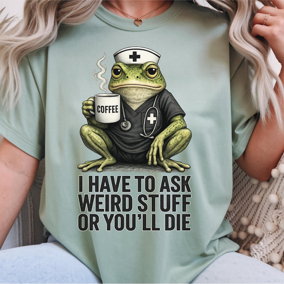 Funny Frog Nurse Sweatshirt, Coffee Frog Medical Crewneck, Weird Nurse Humor Pullover, Cute Healthcare Worker Gift, Dark Humor Apparel