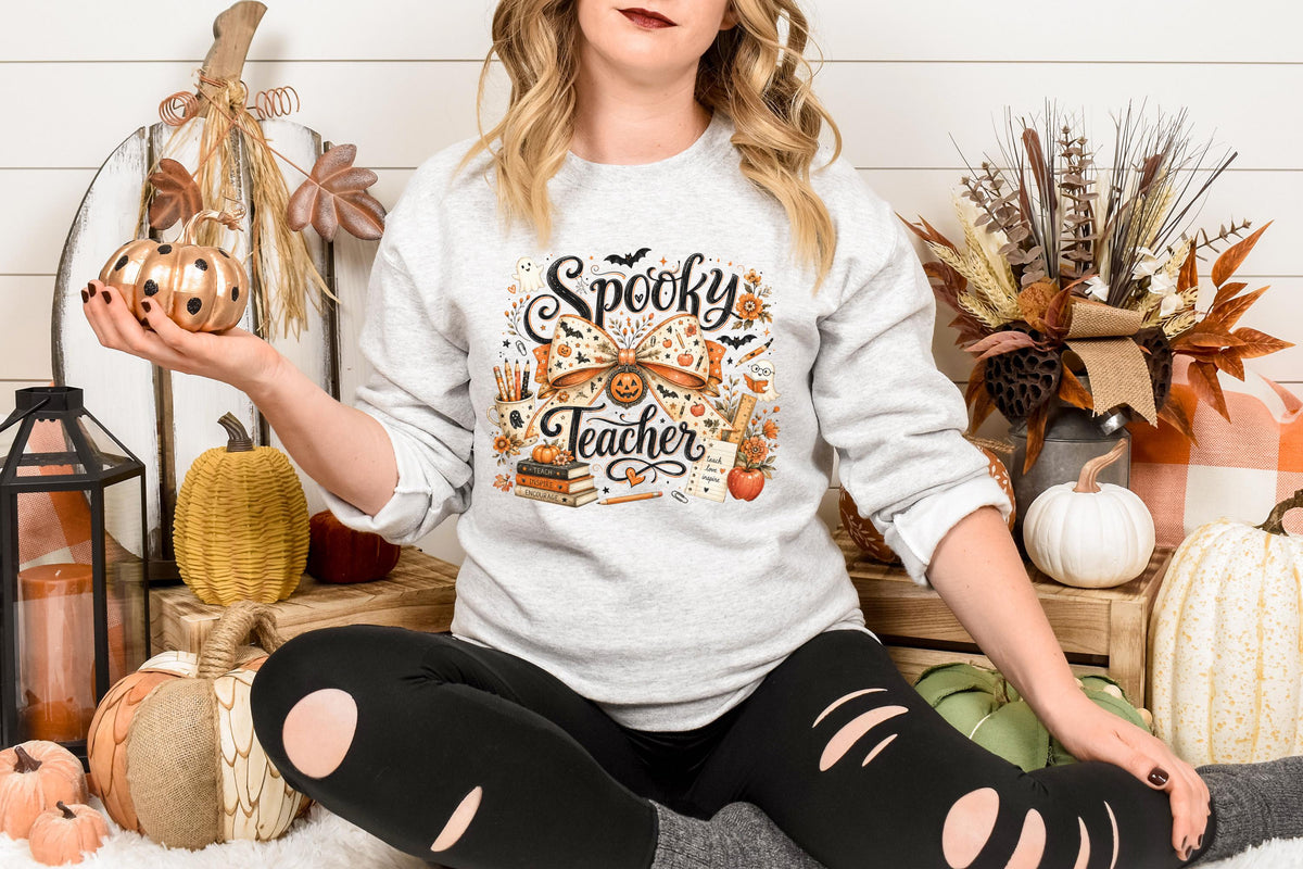 Spooky Teacher Sweatshirt, Halloween Teacher Crewneck, Fall School Spirit Pullover, Ghost Pumpkin Bow Classroom Gift for Educators