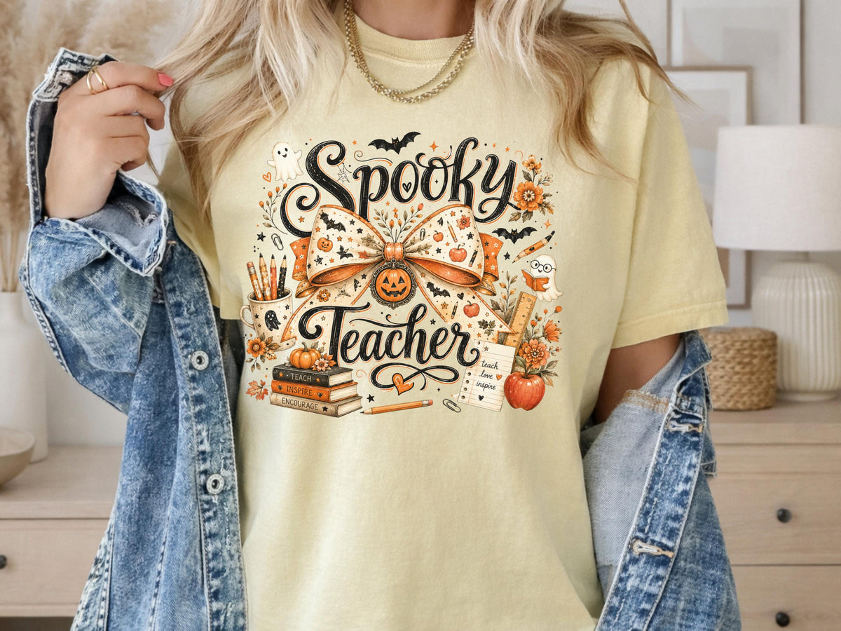 Spooky Teacher Sweatshirt, Halloween Teacher Crewneck, Fall School Spirit Pullover, Ghost Pumpkin Bow Classroom Gift for Educators