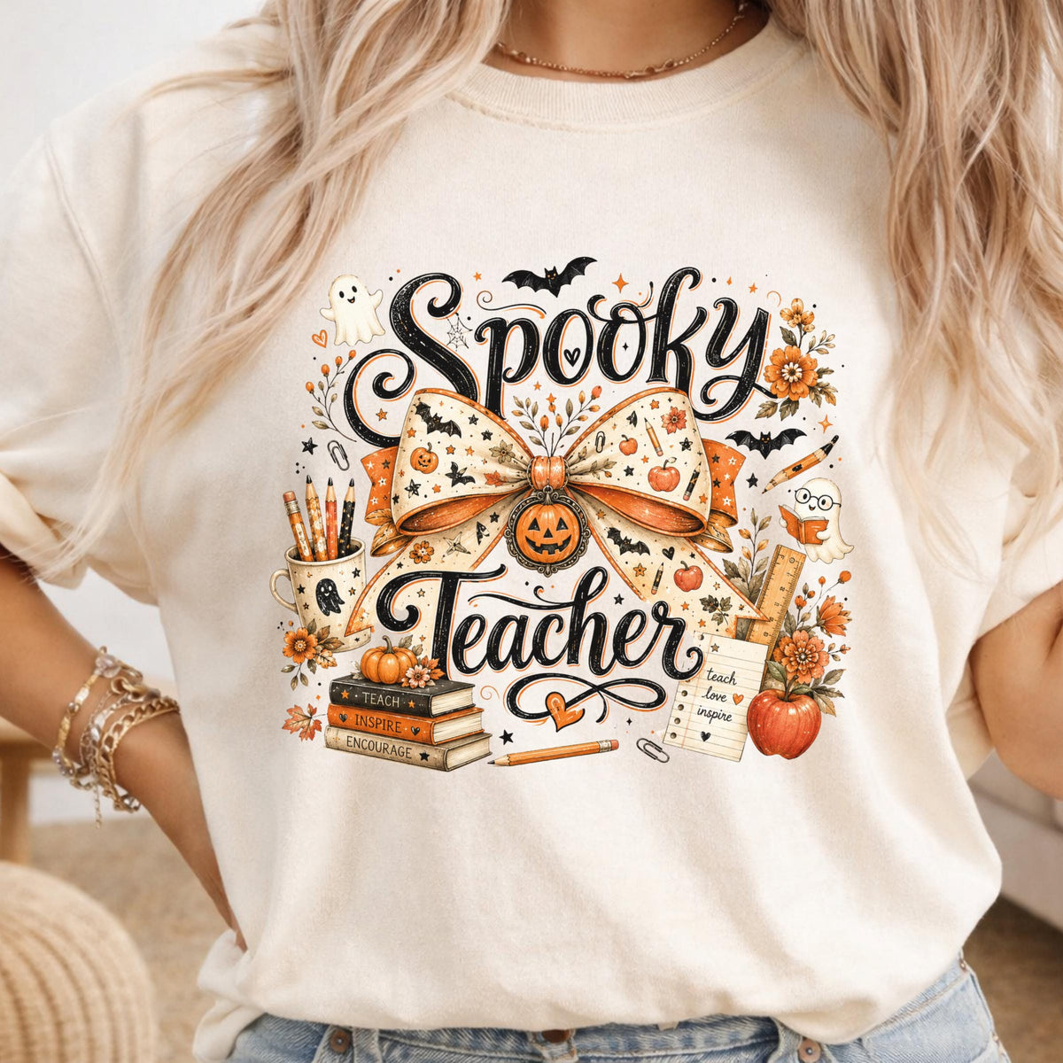 Spooky Teacher Sweatshirt, Halloween Teacher Crewneck, Fall School Spirit Pullover, Ghost Pumpkin Bow Classroom Gift for Educators
