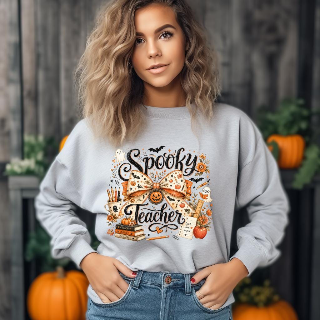 Spooky Teacher Sweatshirt, Halloween Teacher Crewneck, Fall School Spirit Pullover, Ghost Pumpkin Bow Classroom Gift for Educators