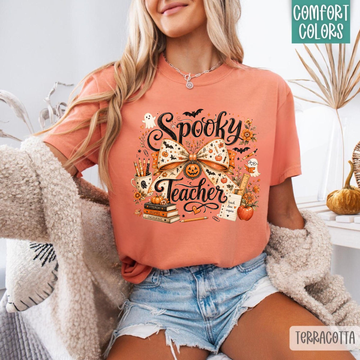 Spooky Teacher Sweatshirt, Halloween Teacher Crewneck, Fall School Spirit Pullover, Ghost Pumpkin Bow Classroom Gift for Educators