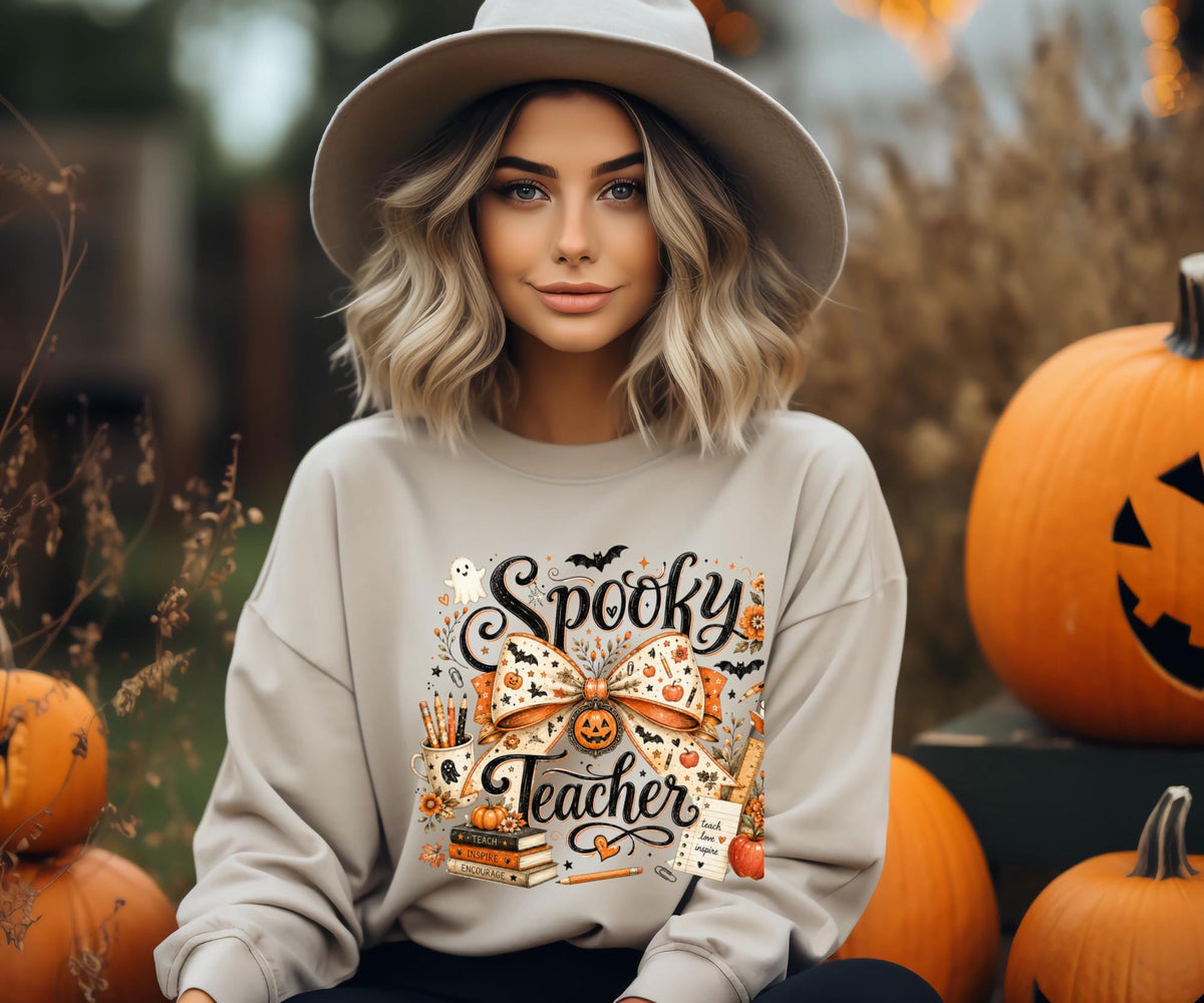 Spooky Teacher Sweatshirt, Halloween Teacher Crewneck, Fall School Spirit Pullover, Ghost Pumpkin Bow Classroom Gift for Educators