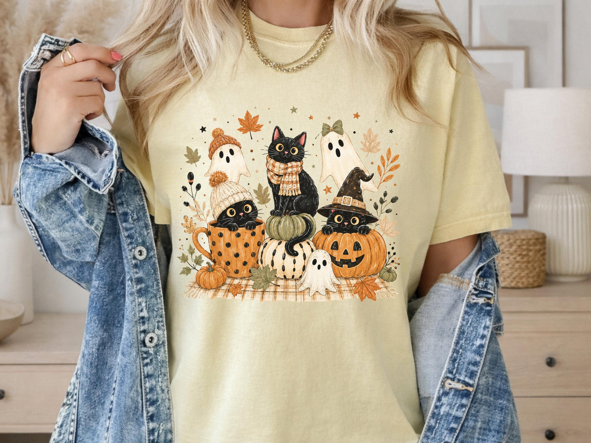 Halloween Cat Sweatshirt, Fall Ghost Pumpkin Crewneck, Cute Witchy Black Cat Autumn Pullover, Spooky Season Gift for Cat Lovers and Fans