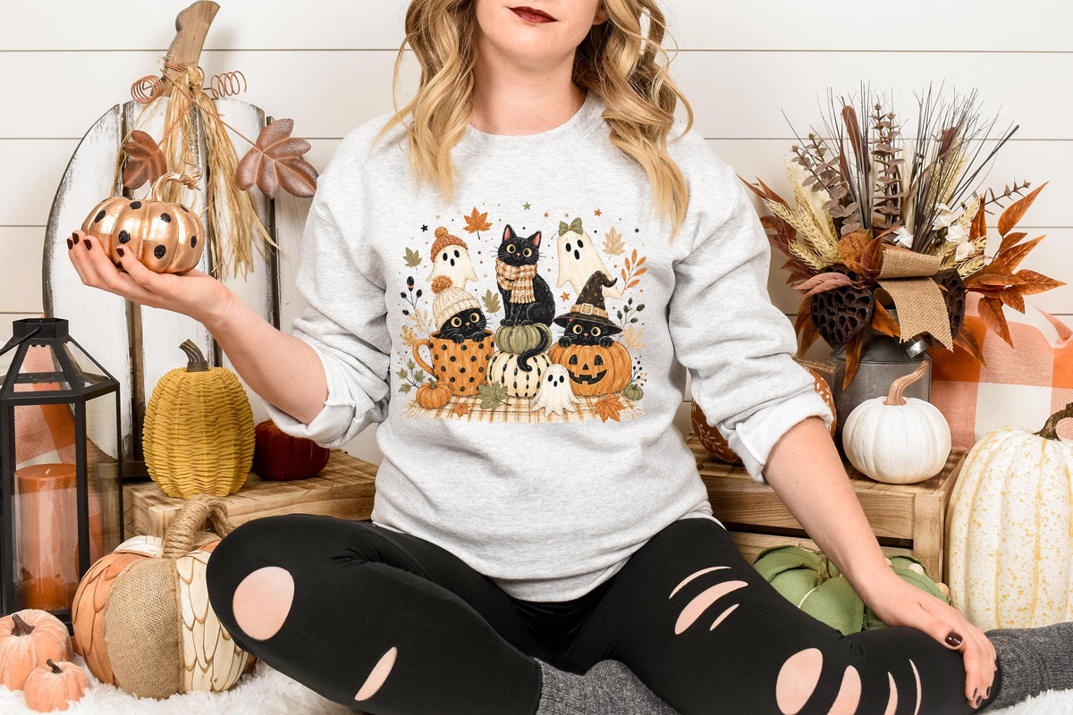 Halloween Cat Sweatshirt, Fall Ghost Pumpkin Crewneck, Cute Witchy Black Cat Autumn Pullover, Spooky Season Gift for Cat Lovers and Fans