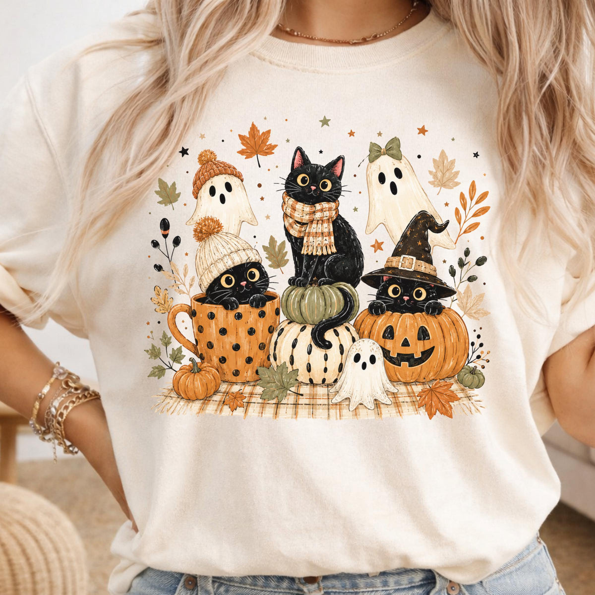Halloween Cat Sweatshirt, Fall Ghost Pumpkin Crewneck, Cute Witchy Black Cat Autumn Pullover, Spooky Season Gift for Cat Lovers and Fans