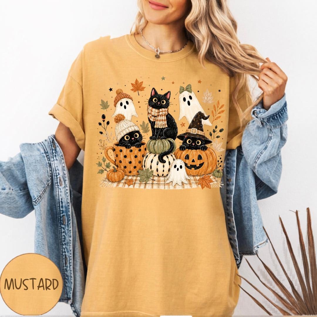 Halloween Cat Sweatshirt, Fall Ghost Pumpkin Crewneck, Cute Witchy Black Cat Autumn Pullover, Spooky Season Gift for Cat Lovers and Fans