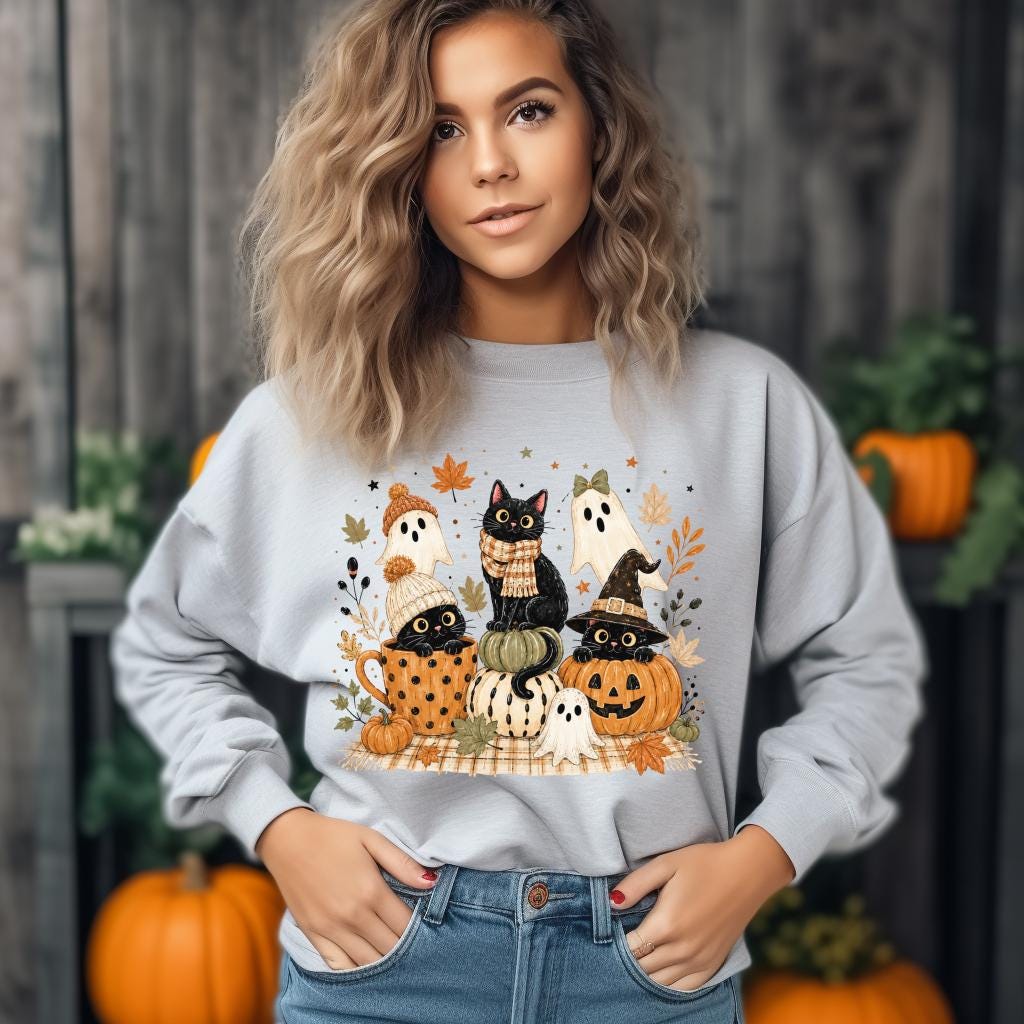 Halloween Cat Sweatshirt, Fall Ghost Pumpkin Crewneck, Cute Witchy Black Cat Autumn Pullover, Spooky Season Gift for Cat Lovers and Fans