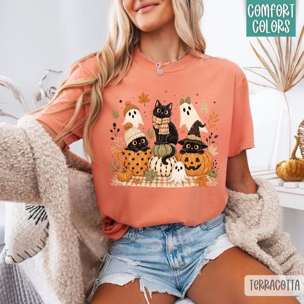 Halloween Cat Sweatshirt, Fall Ghost Pumpkin Crewneck, Cute Witchy Black Cat Autumn Pullover, Spooky Season Gift for Cat Lovers and Fans