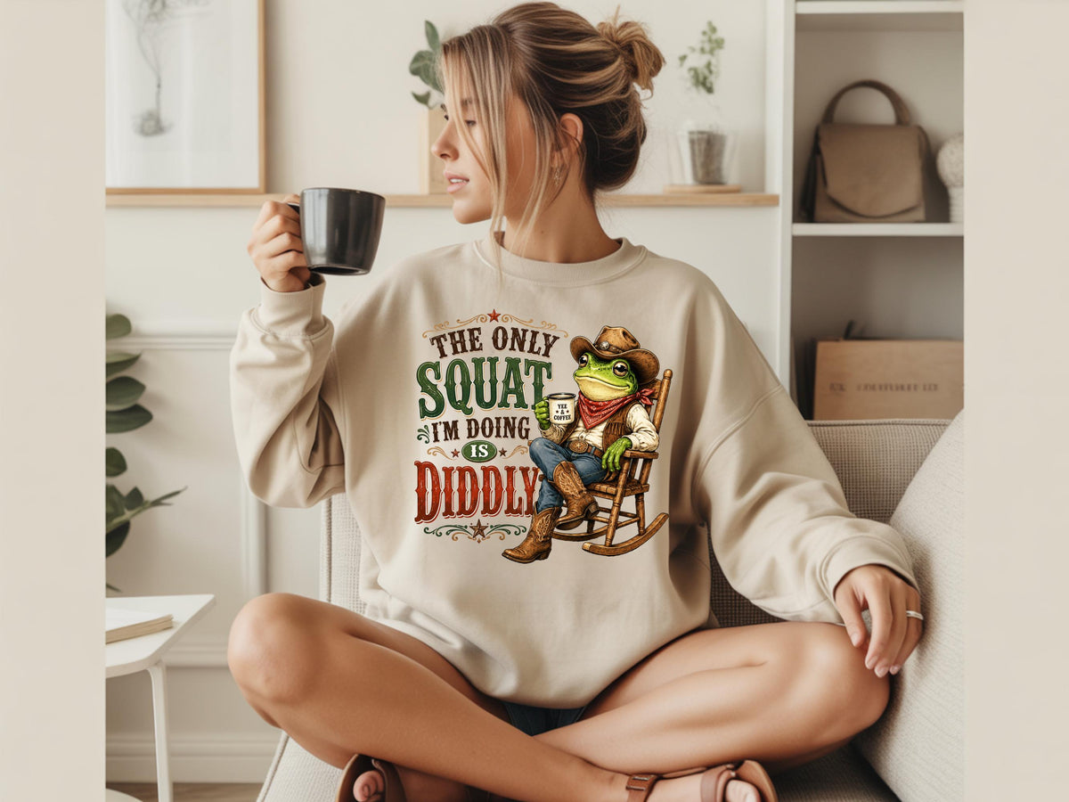 The Only Squat I'm Doing Is Diddly Sweatshirt, Funny Frog Cowboy Crewneck T Shirt, Country Western Gym Humor Gift for Squat Lovers and Daddi