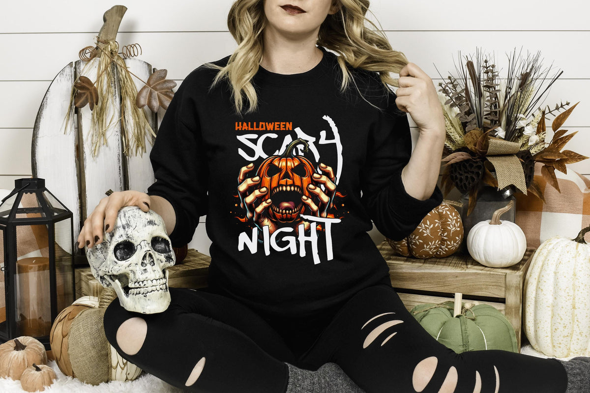 Halloween Scary Night Sweatshirt, Pumpkin Horror Crewneck, Spooky Jack O Lantern Shirt, Haunted Halloween Pullover for Fall Parties