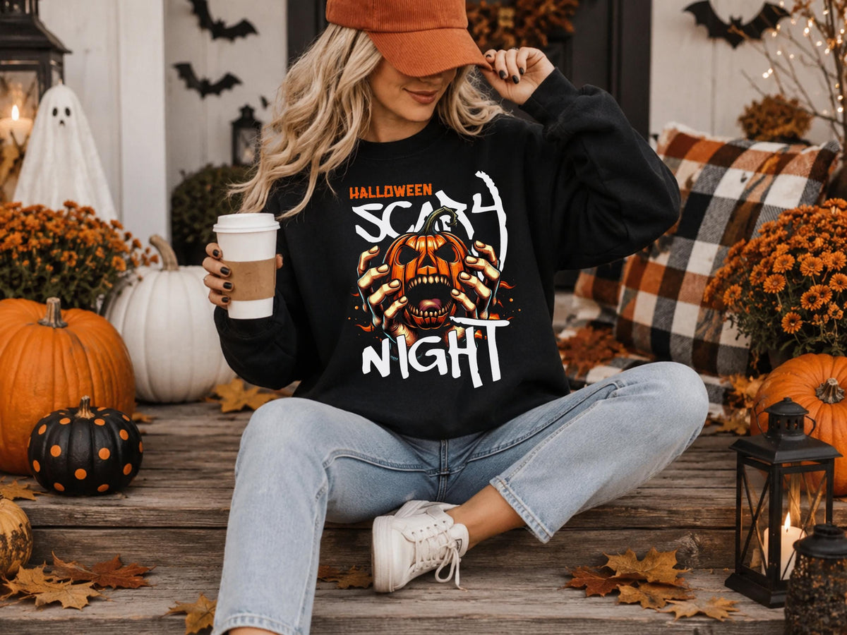 Halloween Scary Night Sweatshirt, Pumpkin Horror Crewneck, Spooky Jack O Lantern Shirt, Haunted Halloween Pullover for Fall Parties