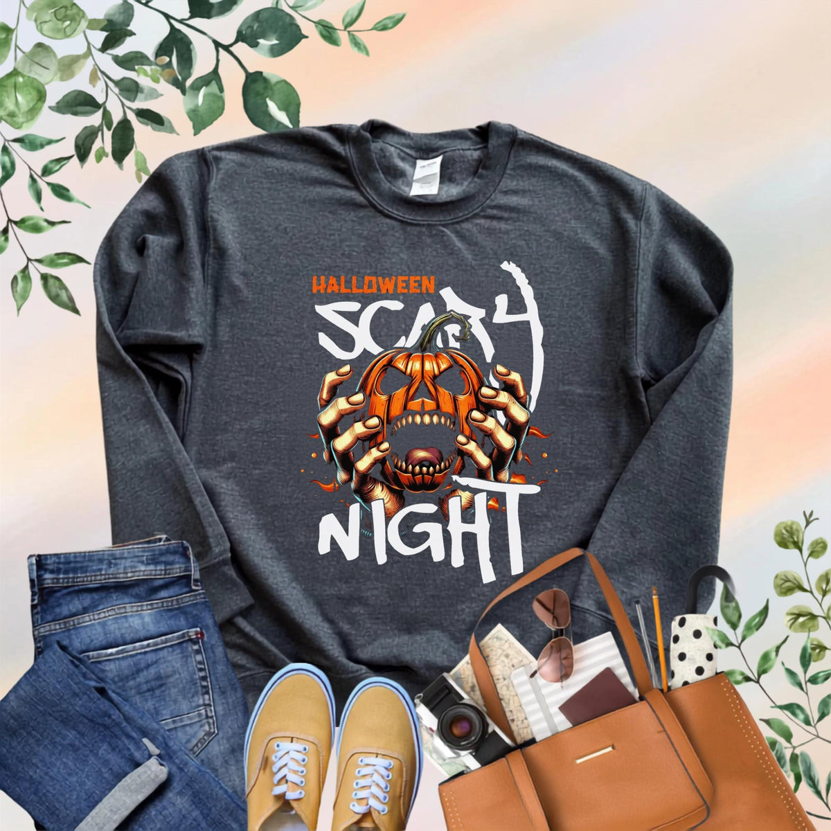 Halloween Scary Night Sweatshirt, Pumpkin Horror Crewneck, Spooky Jack O Lantern Shirt, Haunted Halloween Pullover for Fall Parties